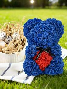 1pc 25cm Preserved Rose Bear, Foam Rose Bear Gift, Birthday Gift, Rose Bear, Couple Gift, Valentine's Day, Birthday Gift For Girlfriend, Rose Bear With Flowers, Mother's Day Gift - Royal Blue - View 5