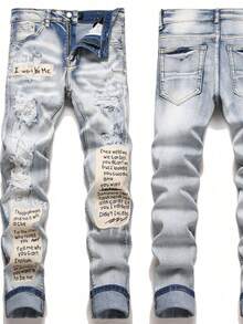 [comodín]Blue High Street Youth Stinger Clothing embroidery Hole elástico leggings Men 's jeans - Azul 726 - Ver 5