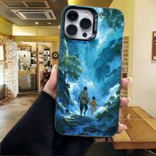 Cubierta de telefono para iPhone con diseño de paisaje montañoso azul con pareja caminando en naturaleza estilo anime para uso diario y viajes - Negro - Ver 4
