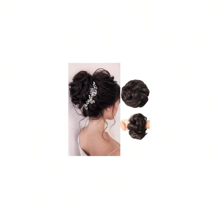 Messy Bun Hair Piece Hair Bun Wavy Curly Scrunchies Chignon Ponytail Hair Extensions Fake Hair Bun Extensions Synthetic Tousled Updo Hairpieces For Women(Black Brown),BlackBrown - 黑棕色 - 查看 1