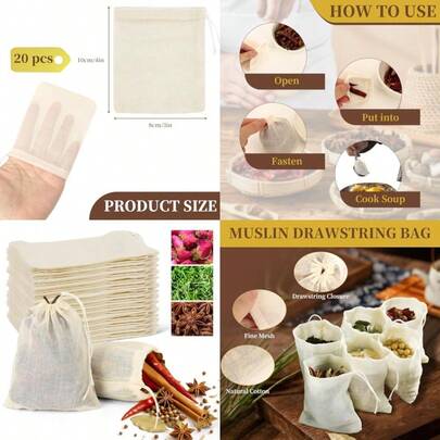 20Pcs Muslin Drawstring Bags Natural Cotton Sachet Bags For Cooking Reusable Tea Bag For Loose Tea Small Cheese Cloth Cotton For Straining 4 X 3 Inches