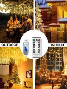 1pc USB Icicle String Lights,3.5M/7M Led Indoor Waterproof Christmas Lights With Remote Control,Fairy Lights Dimmable Memory,Timming Function,8 Modes,USB Curtain String Light For Bedroom,Balcony,Stairs,Roof, House,Garden,Wedding,Party,Christmas Decor - Beige - View 22