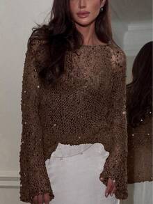 Áo khoác dáng rộng tay cánh dơi bằng vải lưới rỗng đính sequin Yuwenier gợi cảm, thích hợp cho các buổi tiệc khiêu vũ, dành cho nữ. - màu nâu - Xem 4