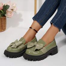 Geeyea Ladies' Black Patent Leather Thick Sole 4.5cm Round Bow Thick Sole Casual Loafers Casual Fashion Retro Shoes Back To School Season - màu xanh lá - Xem 3