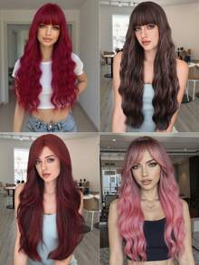 1 Piece Curly Synthetic Hair Wig With Bangs, Burgundy Long Wavy Heat Resistant Fiber Wig For Girls' Parties Or Daily Use - Multicolor - View 2