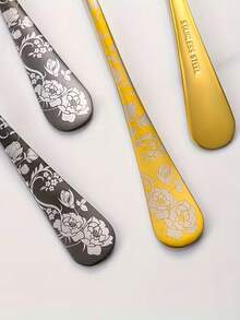 2/4/6/12件套不锈钢印花勺叉套装，适用于西餐、意面、沙拉、水果、蛋糕和甜点，适合家庭厨房、下午茶、婚礼派对、野餐等场合。 - 金色 - 查看 6