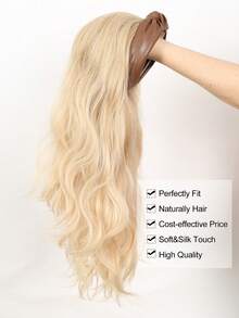 Peruca Sintética Dourada de 24 Polegadas de Comprimento com Tiara Colorida e Elásticos de Cabelo, Peruca Sintética de Padrão Ondulado, Tiara Destacável - Dourado - Visão 4
