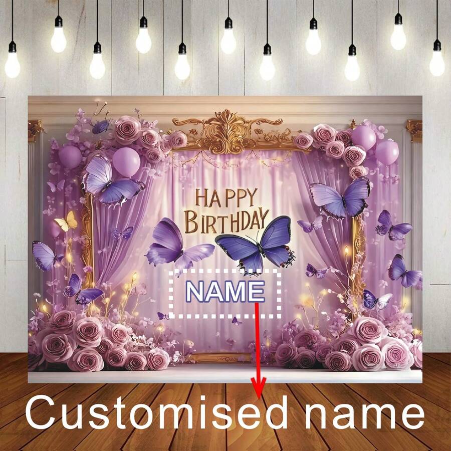 Customizable Name Butterfly Theme Happy Birthday Banner Background, Purple Curtain, Rose Gold Glitter Frame Design, Suitable For Birthday Party Cake Table Decor, Photography Backdrop, Vinyl Material ,Travel Organizer ,Bachelorette Party Favors - Type C - View 1