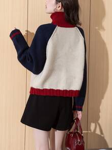 Alicedudu Áo len cardigan cổ đứng phối màu phong cách đại học cổ điển dành cho nữ, Thu/Đông - Nhiều màu - Xem 3