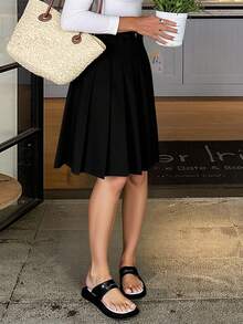 Women's Solid Color A-Line Pleated Skirt, Casual & Collegiate Style - Black - View 2