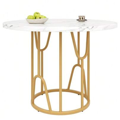 Round Table (80 X 80 X 76 Cm), Light And Elegant, Ideal For 4 To 6 People, Perfect For The Dining Room Or Living Room. Marble-Effect MDF Top, Gold Legs.