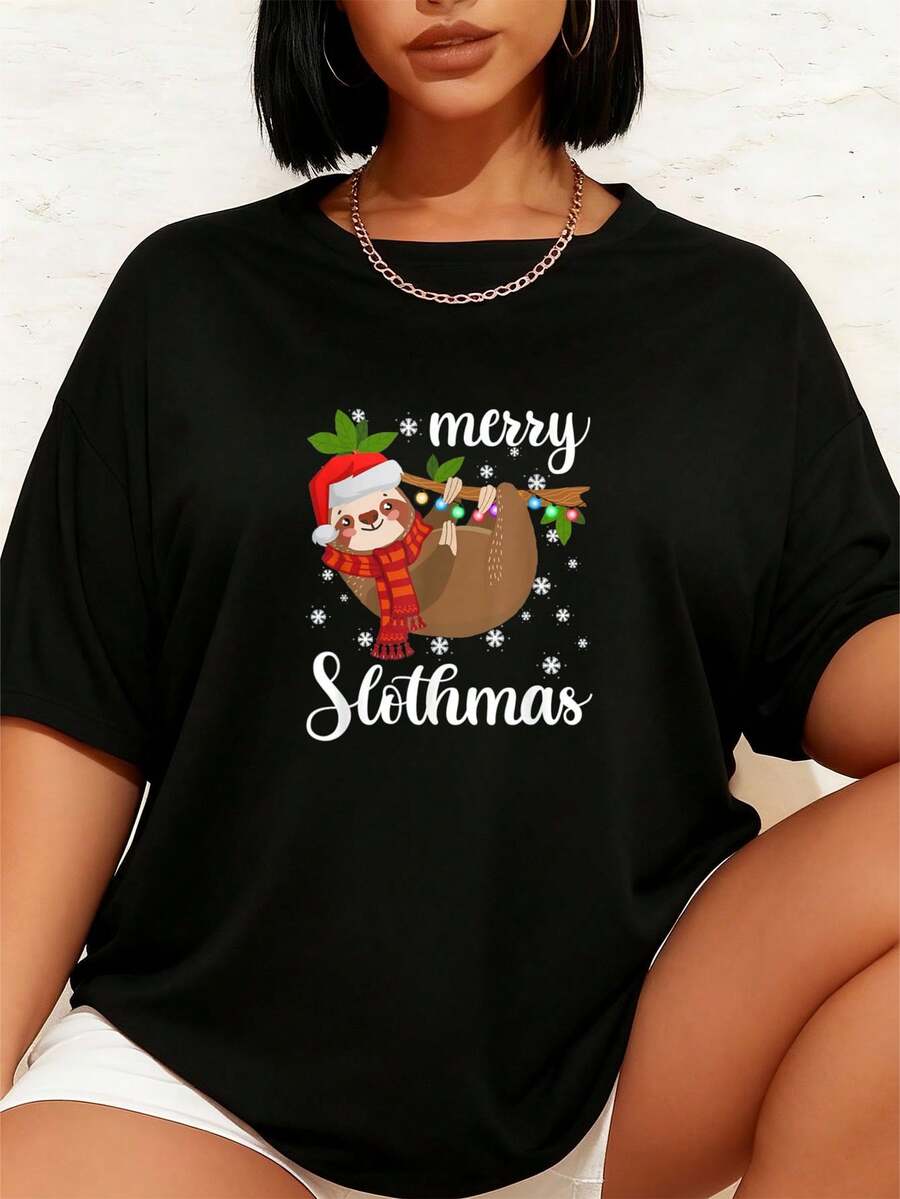 Fröhlicher Faultiermaschinen Lustiger Weihnachtspyjama für Faultierliebhaber T-Shirt Grafik-T-Shirts Frauen Crop Tops Sommeroutfits für Frauen Sommeroberteile T-Shirt - Schwarz - Übersicht 1