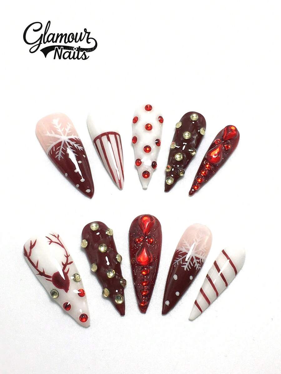 Jeder Set enthält 10 Stücke Y2K Acryl-Pressaufsatznägel mit französischem Design, verziert mit Strass, Streifen und Schleifen-Dekorationen. In verschiedenen Farbtonalitäten und Nude-Nuancen erhältlich, passen diese Nägel in 3 Größen für unterschiedliche Bedürfnisse. Perfekt für Weihnachten, Partys, Galas und den Alltag. Der Set beinhaltet auch ein Nagel-Werkzeug-Set, was ihn zu einem idealen Geschenk für Frauen und Mädchen macht.