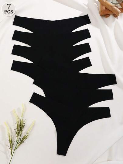 FINETOO 7pcs Women's Solid Color V-Waist Comfortable Seamless Sexy Thongs Panties, Black, Low Rise