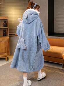 女士舒适珊瑚绒鲨鱼主题睡袍 - 可爱（睡袍+裤子），女士睡袍，大码睡袍，加厚保暖冬季家居服，带口袋，柔软法兰绒，圣诞节必备，温暖舒适，送给女孩、女士、家人、朋友和女朋友的最佳礼物，圣诞礼物，新年礼物 - 彩色 - 查看 5