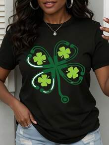 Stethoscope Clover Nurse Shirt St Patrick's Day Medical Theme T-Shirt For Women Green Shamrock Design White Cotton Top - 黑色 - 查看 1