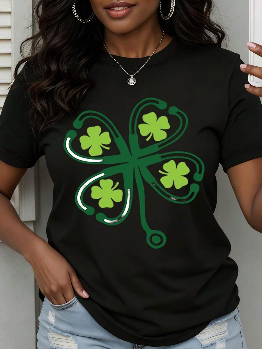 Stethoscope Clover Nurse Shirt St Patrick's Day Medical Theme T-Shirt For Women Green Shamrock Design White Cotton Top - 黑色 - 查看 1
