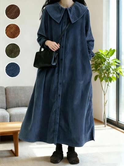 Plus Size Women Vintage Corduroy Lapel Loose Single-Breasted Long Sleeve Dress Cardigan, Winter Clothes, Women's Winter Coat