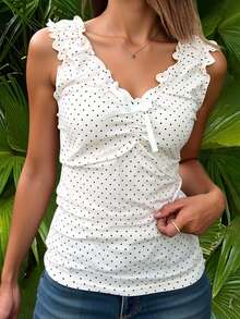 Livesso 韩版女式波点无袖蝴蝶结上衣外出上装 - 杏色 - 查看 4