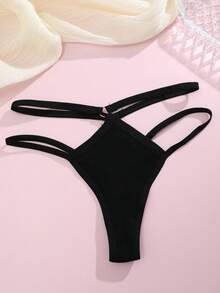 纯色简约彩色双层腰带性感丁字裤女士内裤，黑色 - 黑色 - 查看 3