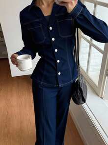 DAZY Autumn/Winter New Loose Casual Urban Style Women Denim 2 Pieces Set - Blue - View 6