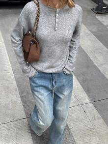 Women's Fall Back To School Polo Collar Pullover Casual Knitwear, Old Money Style Long-Sleeve Female Top - Grey - View 5