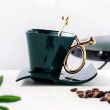 160ml Ceramic Coffee Cup And Saucer Set With Spoon Heart Shaped Special Tea Cups Green - 綠色 - 查看 6