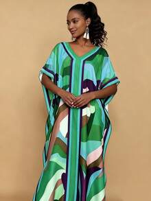 Fashion Casual Printed V-Neck Short Sleeve Plus Size Women Dress Spring - Multicolor - View 5