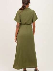 Maternity Elegant Casual Solid Color Knit Fabric Belt Short Sleeve Formal Evening Dress, Spring/Summer - Army Green - View 4