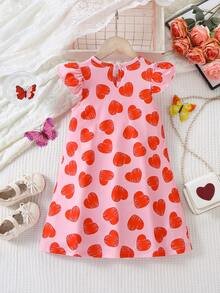 Young Girl's Casual School Style Cute Heart Print Round Neck Puff Sleeve A-Line Dress, Spring/Summer/Autumn - Pink - View 3