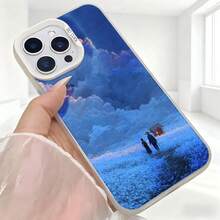 Cubierta de telefono con diseño de paisaje azul cielo nubes y personas caminando en campo de flores color azul profundo para uso diario en cafeterias y salas de estar - Negro - Ver 5