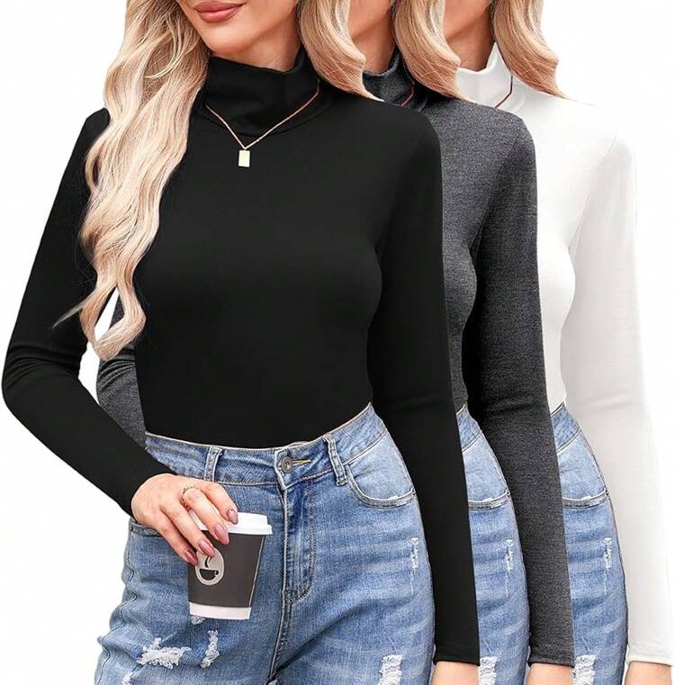 Women's Turtleneck Long Sleeve Layer Tops Basic Cotton Tees Soft Thermal Underwear Blouse, Fashionable 2025 Style D60Q - Đen + trắng + xám đậm - Xem 9