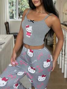 Sanrio 2pcs Hello Kitty Print Women's Camisole Crop Top + Elastic Waist Straight Pants Cute Pajama Set