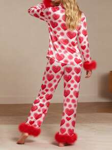 Women Valentines Pajama Set Rose Heart Print Feathered Cuffs Long Sleeve Lapel Tops With Pants 2 Piece Sleepwear - 紅色 - 查看 7