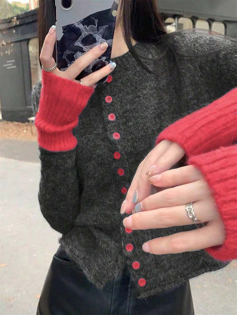 女士撞色复古针织开衫,新款秋季修身单排扣时尚毛衣 - 紅色 - 查看 1