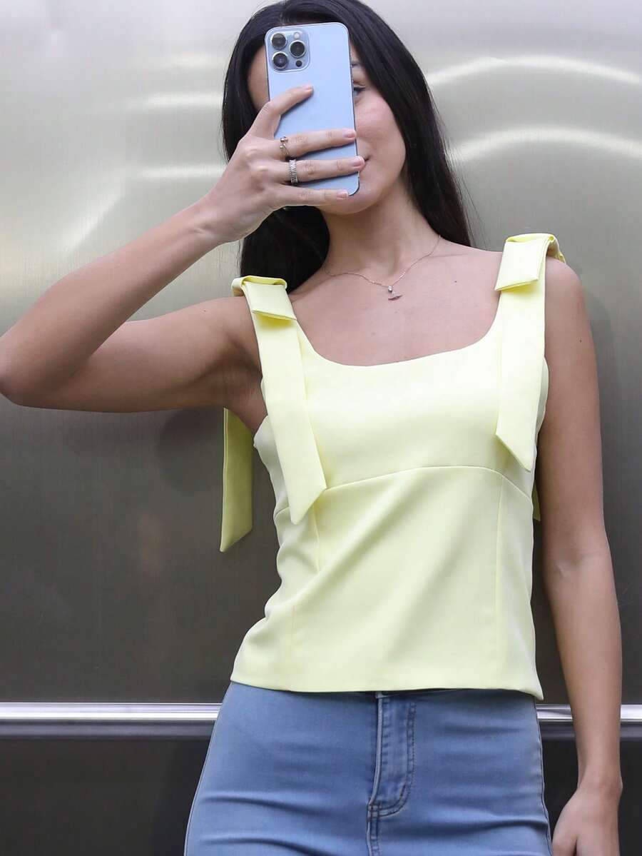 蝴蝶结露脐上衣，女士夏季黄白吊带背心，可爱蝴蝶结露肩吊带背心，无袖露背露脐上衣，女士露脐街头风Y2K吊带背心 - 黃色 - 查看 1