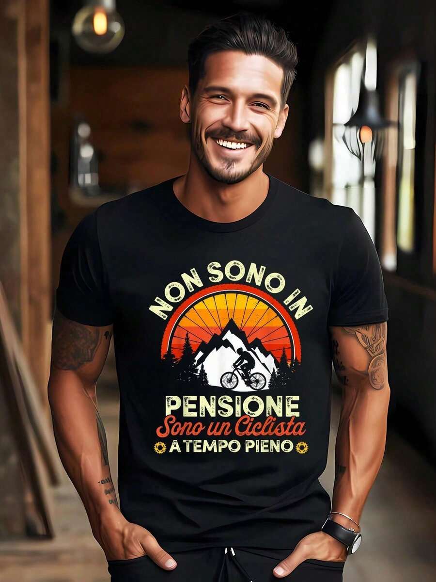 2025 Ruhestand Lustiges Radfahrer T-Shirt für Rentner - Nicht mehr in Pension italienische Phrase & Vintage Fahrrad Berg Sonnenuntergang Grafik - Herren Baumwolle Kurzarm Shirt Schwarzes Lässig Sommer T-Shirt - Schwarz - Übersicht 1