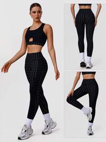 Sodalemon 女士弹力腰带波点休闲健身紧身裤户外训练运动健身紧身裤跑步裤无前缝瑜伽紧身裤 - 黑色 - 查看 10