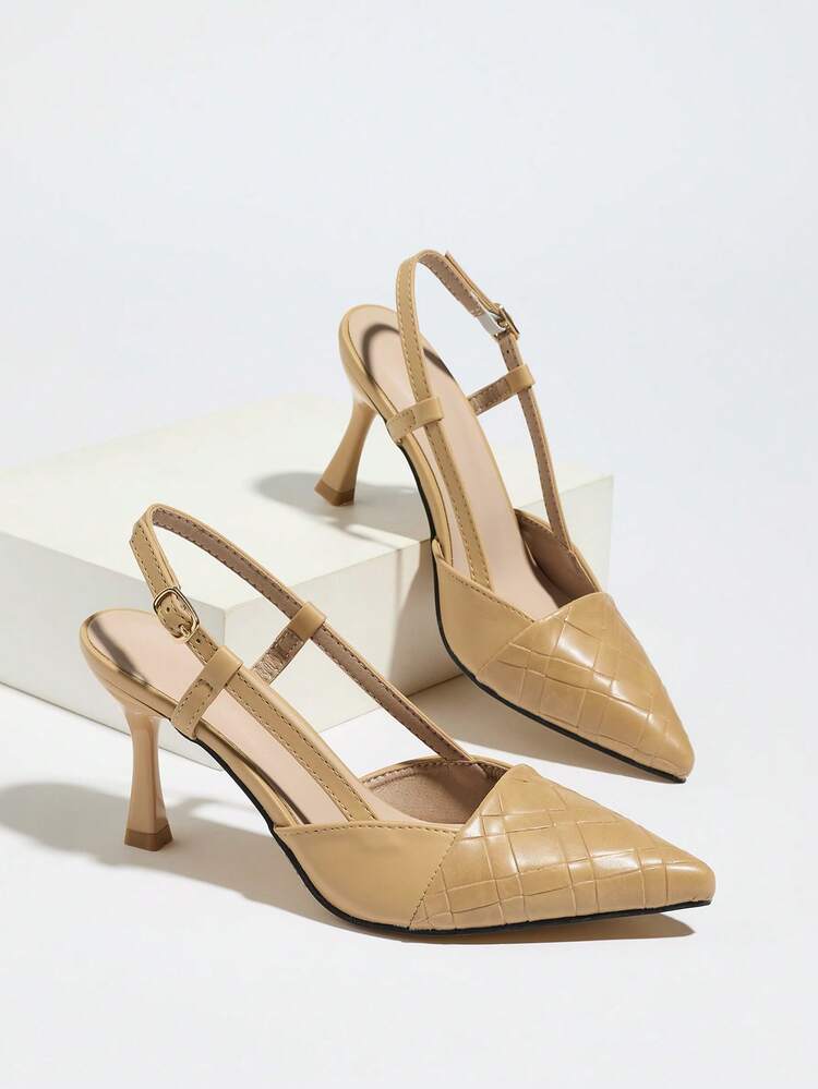 Women's Pointed Toe Stiletto Heel Slingback Fashion Versatile Work Party Embossed Solid Color High Heel Pumps - Apricot - View 6
