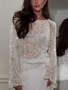 Yuwenier 性感镂空薄纱亮片装饰钩编罩衫长袖宽松毛衣上衣，适合锐舞派对女性 - 白色 - 查看 4