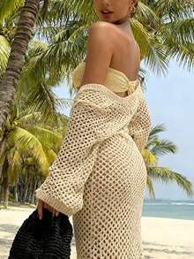 Women's Long Hollowed Double Face Can Wear Backless Thin Beach Holiday Smock Crochet Long Sleeve Knit Dress Vacation Outfits Sexy Plus Size Beachwear Bikini Two Way Wear Ups Mesh Maxi, Spring Summer Fall - Yellow - View 2