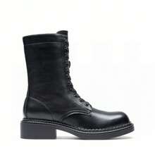 Women's Mid-Calf Combat Motorcycle Boots, Side Zipper Classic Chunky Heel, Lace-Up, Holiday Commuting Winter Shoes - màu đen - Xem 6