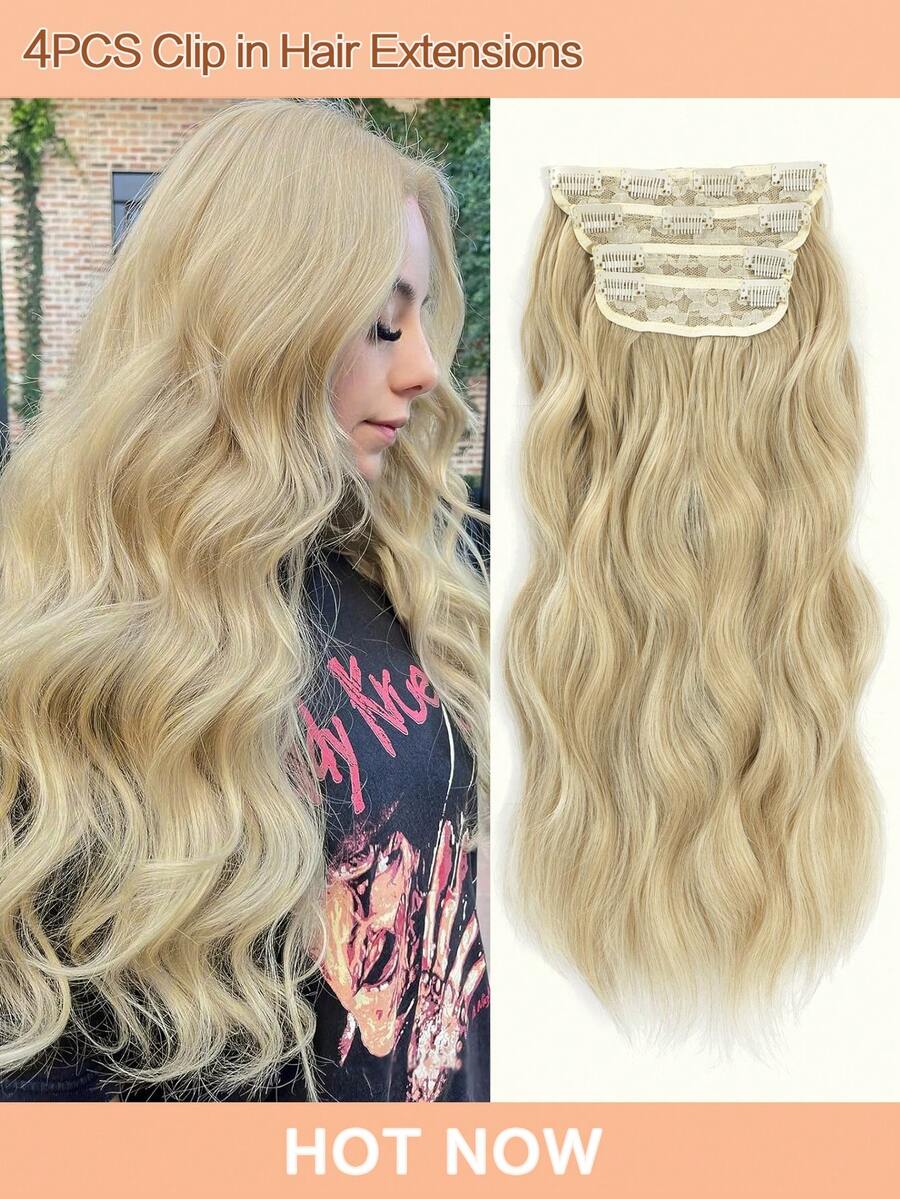 16inch 20inch Pearl Blonde Hair Extensions 4PCS Clip In Hair Extensions Full Head Wavy Hair Extensions Clip Ins Synthetic Hair Pieces For Women Natural Luster - Gold - View 1