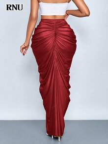 RNU 优雅女士派对时尚酒红色褶裥修身深V领缎面针织中长裙，适合情人节、狂欢节、新年、感恩节派对等场合。 - 紅色 - 查看 5