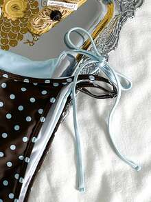 Dam retro prickig och sexig bikiniset med fläskkotletttryck, ljusblå och brun prickig asymmetrisk A-linjeformad ärmlös kort bikini, lämplig för vinter, utflykter, födelsedag, casual, millennium, westernstil, nattklubb, strandsemester sommar - blåbrun - Visa 9