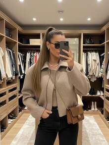 Manteau décontracté élégant de mode d'hiver pour femmes, nouvelle année, couleur unie, épaules tombantes, manches longues, fermeture éclair - Beige - Voir 5