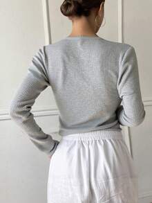 Livesso Camiseta de punto acanalado, Ropa de otoño Blusas de manga larga para mujer - Gris - Ver 5