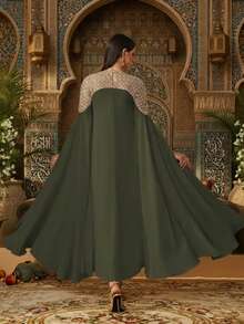 Váy Kaftan dài tay thanh lịch với họa tiết đính cườm nặng, váy Abaya dài sang trọng dành cho nữ, váy kín đáo, váy Ả Rập dành cho nữ - xanh quân đội - Xem 6