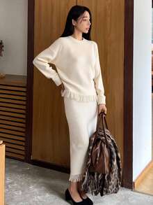 DAZY Women's Elegant Solid Color Fringe Knit Sweater & Skirt 2 Pieces Set, Autumn - Beige - View 3