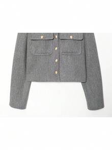 SHIBASHAN 女士复古单排扣灰色长袖外套，带口袋，秋季休闲OL外套 - 灰色 - 查看 7